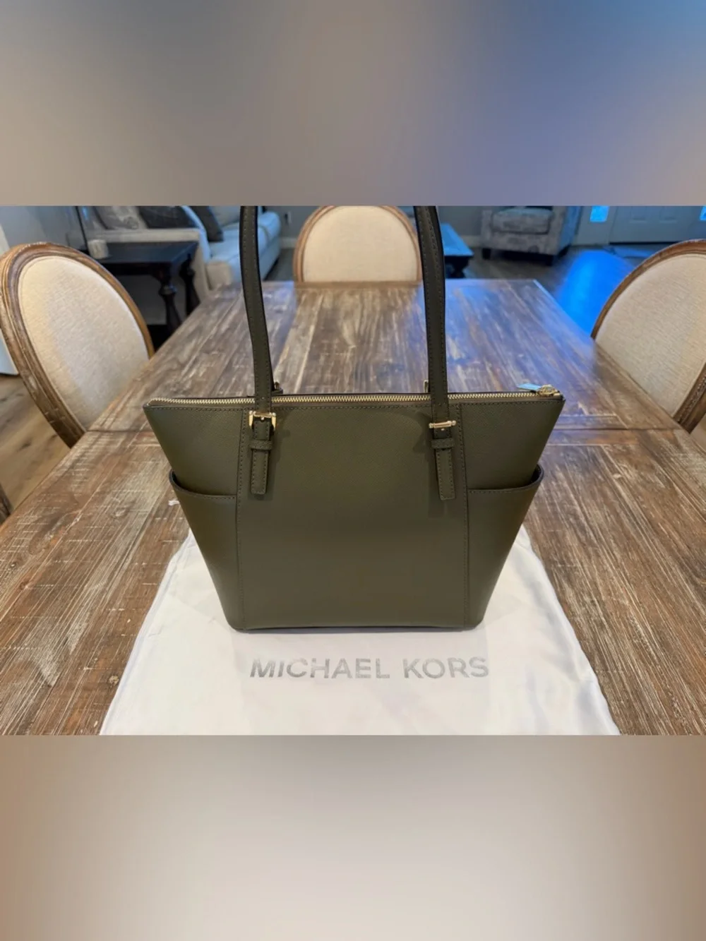 Michael Kors Dark Olive Saffiano Leather Tote with Gold Logo Charm - Picture 3 of 16